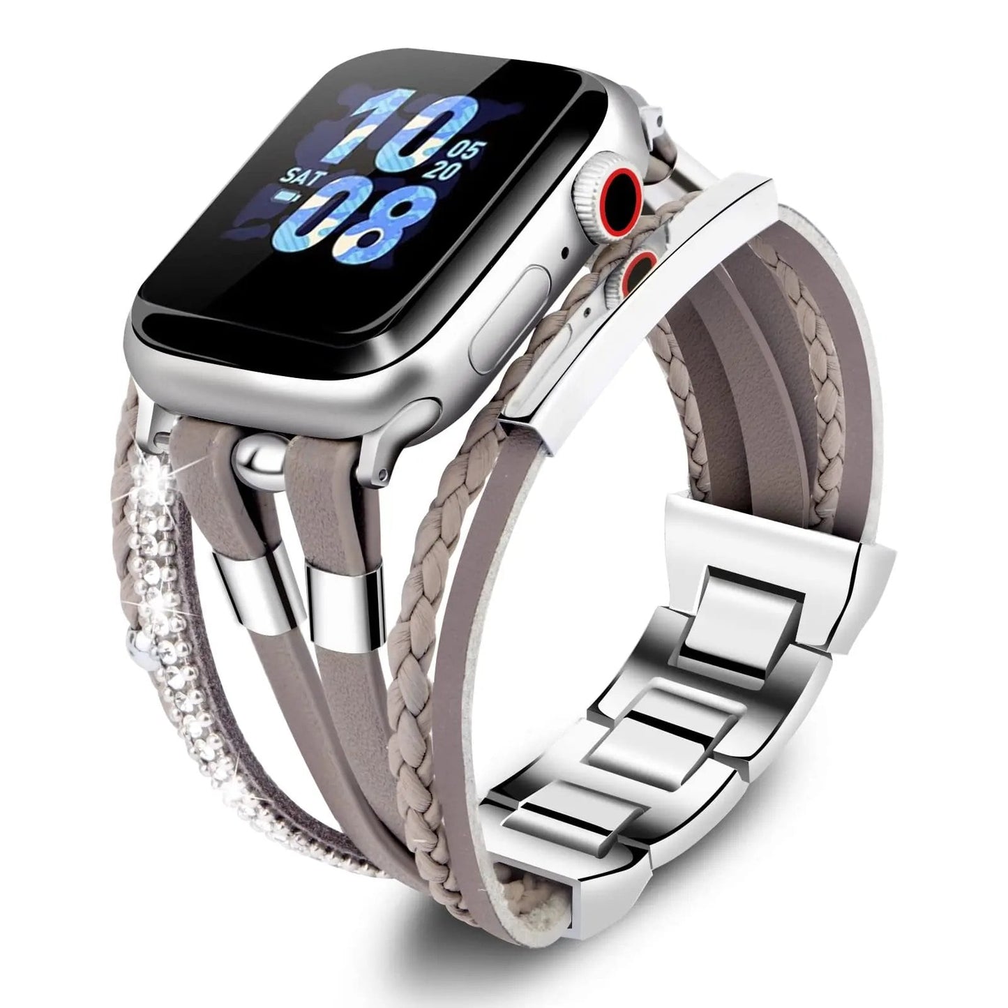 Leather Strap & Stainless Steel Bracelet for Apple Watch 40mm, 41mm, 44mm, and 45mm - Compatible with iWatch Series 9/SE/8/7/6/5/4, Band Color: mm, Parallel Import