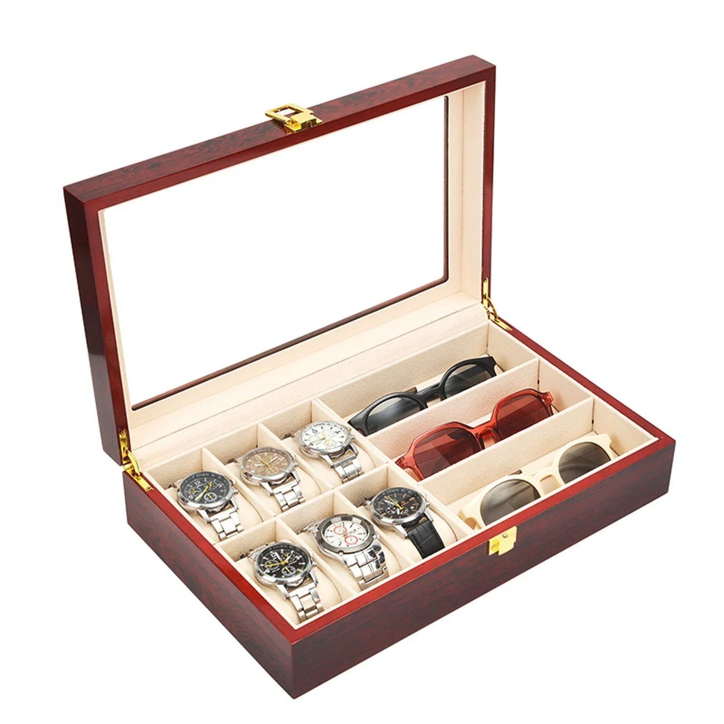 Watch Organizer Box, Holds 6 Watches and 3 Sunglasses, Wooden Watch Case with Glass Top, Perfect Gift for Family and Friends, Parallel Import