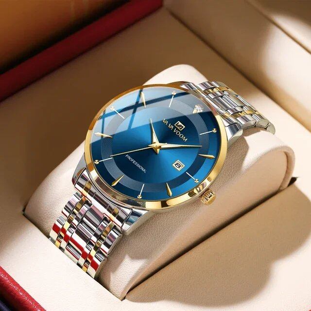 VA VA VOOM Fashion Men's Watch, Waterproof, Stainless Steel, Business Style, Simple Design, Night Light, Date Display, Top Brand Quartz Movement, Color: 2463-Blue, Parallel Import