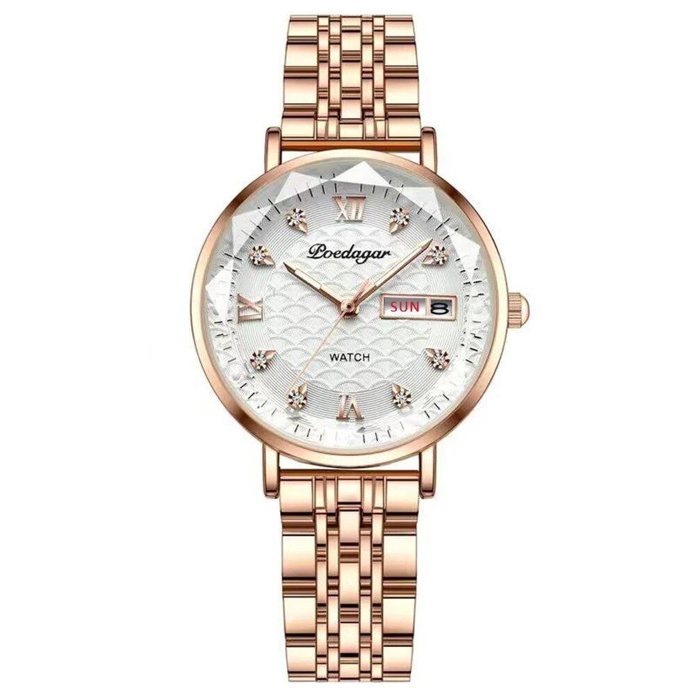 POEDAGAR Women's Watch, New Fashion, Luxury Stainless Steel Bracelet, Simple Rose Gold, Waterproof, Luminous, Color: 3011, Rose Gold, Parallel Import