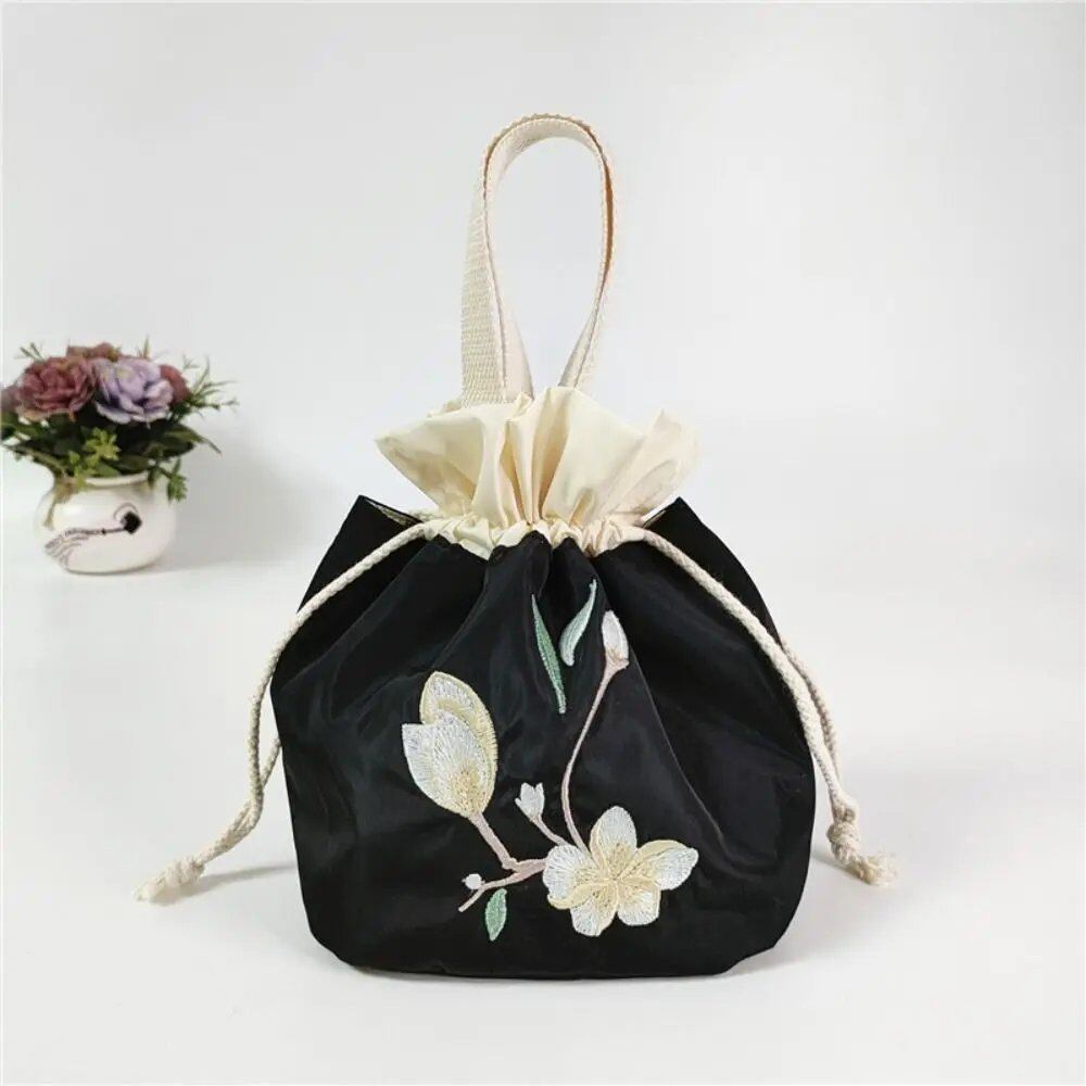 Satin Silk Embroidered Flower Handbag, Ruffle Mommy Bag, Hanfu Drawstring Bag, Korean Style Lunch Bag, Floral Bucket Bag, Outdoor Bag, Parallel Import