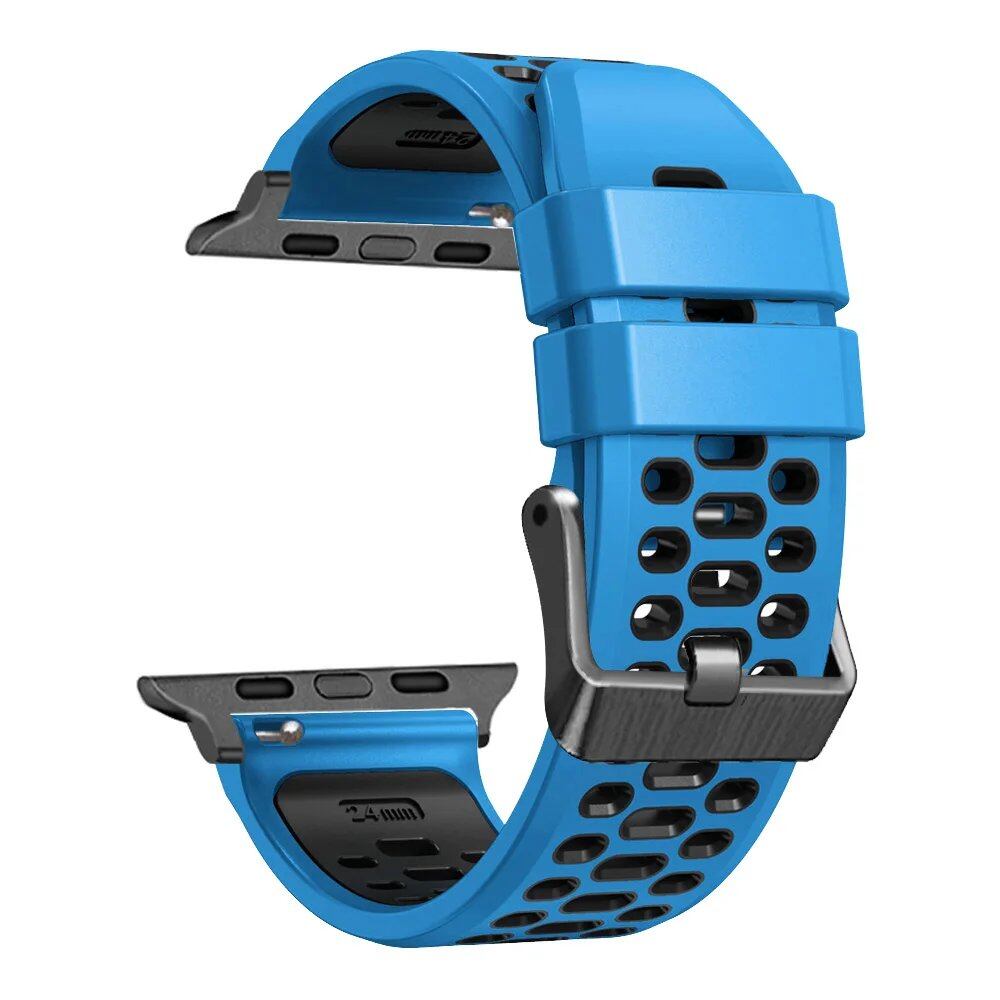 Breathable silicone wristband for Apple Watch Ultra 2 (49mm) / Series 9, 8, 7, SE, and 6 (45mm, 44mm, 42mm). Band Colors: 49mm, 45mm, 44mm, 42mm. Parallel import.