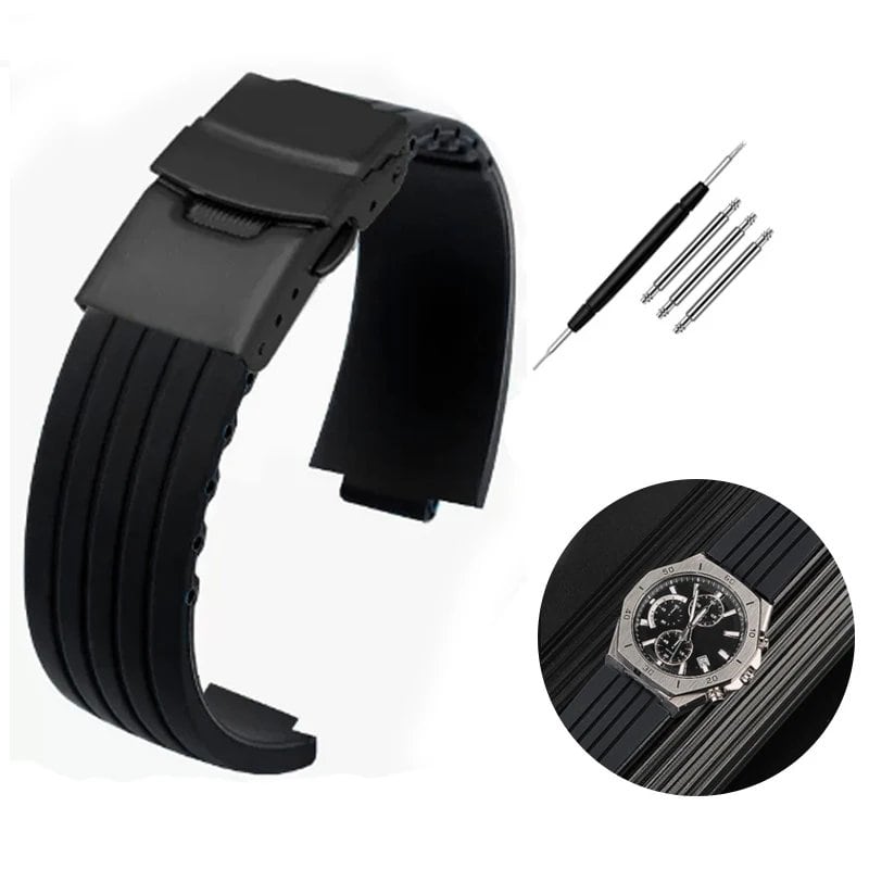 Silicone rubber watch band with striped design and convex ridges for Auris/Aquaris 7330/7740. Available in black and blue. Available in 22x12mm, 24x11mm, and 24x12mm. Ships from: Parallel import.