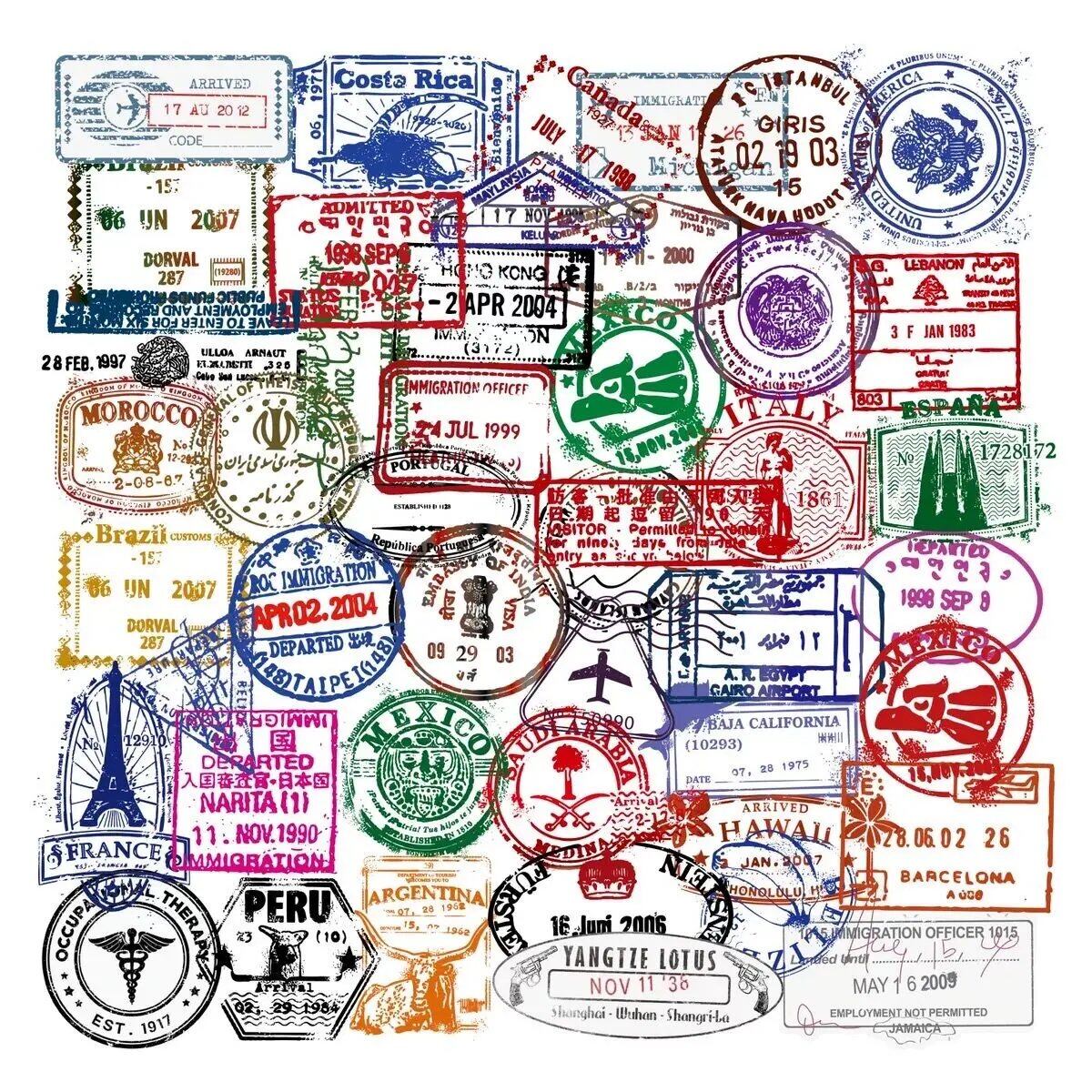 10/30/50 Sheets of Cool Transparent Postmark Stickers, World Travel Decals, DIY PVC Waterproof Stickers for Skateboards, Refrigerators, Guitars, and Suitcases, Parallel Import