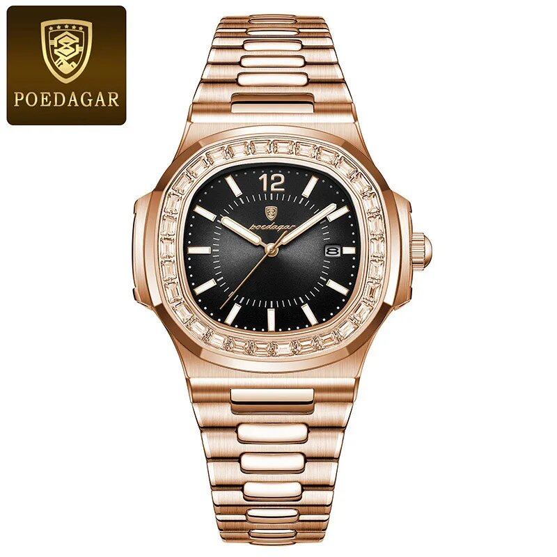 POEDAGAR Stainless Steel Men's Watch, Waterproof, Business Style, with Calendar, Quartz Movement, Luxury Laminated Square Design, Parallel Import