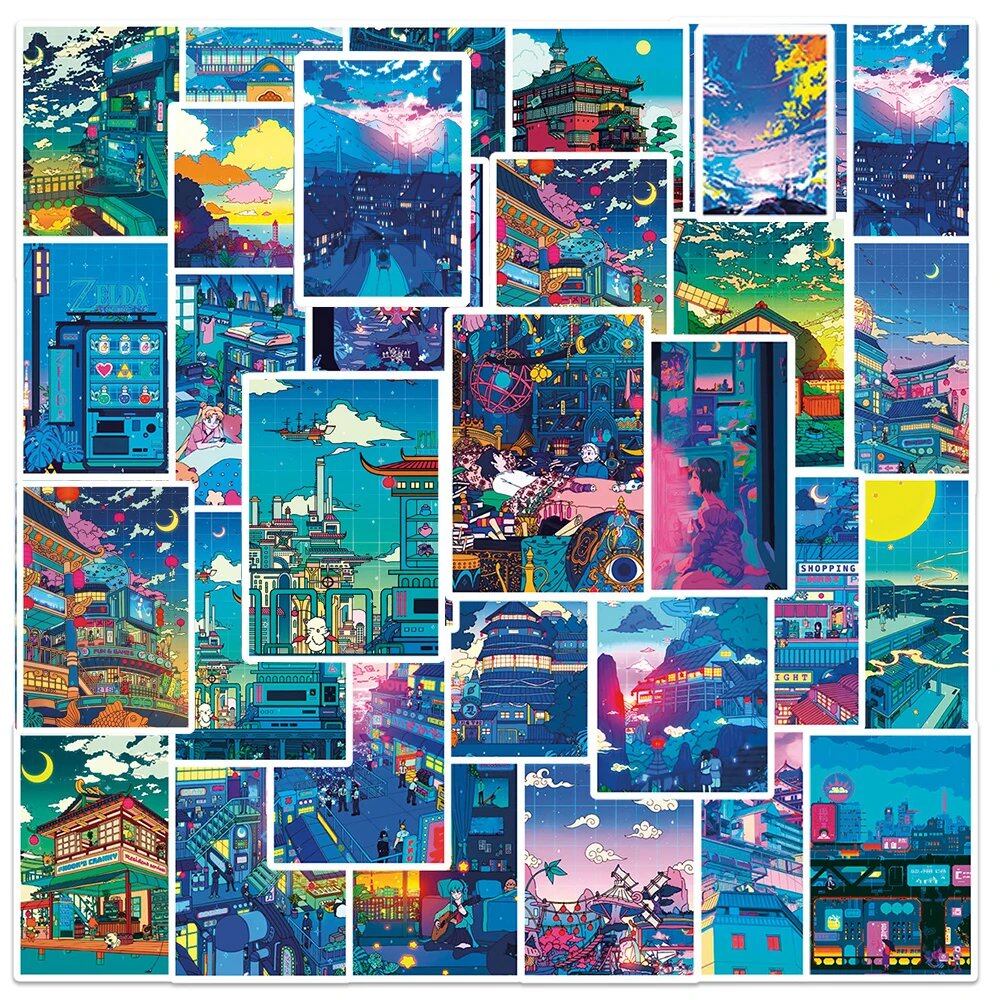 10/30/50 Sheets of Anime Night View Street Painting Prints, Cute Art Stickers, Cool Decals for Skateboards, Laptops, and Smartphones, Color: Street Night, Parallel Import