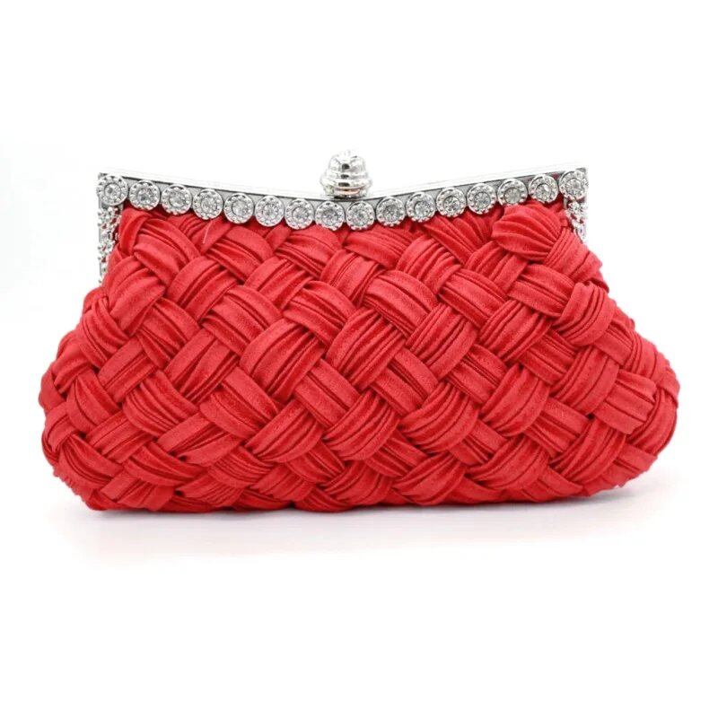 Satin Woven Diamond Clutch - Red Crossbody Banquet Bag with Luxurious Embellishments, Women's Rhinestone Handbag, Rhinestone Purse, Parallel Import