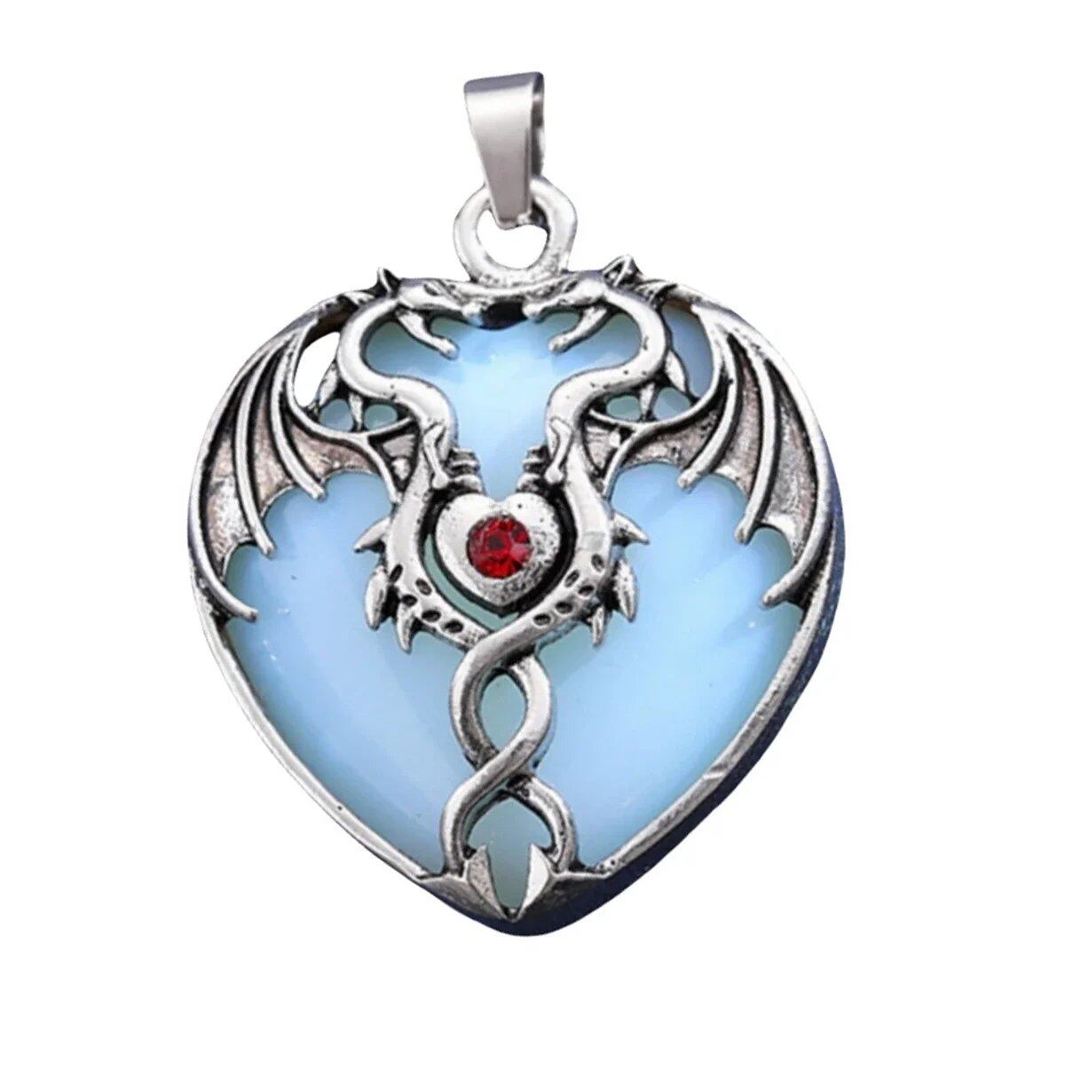Natural Power Stone Heart-Shaped Antique Silver Alloy Double Dragon Pendant Top for DIY Jewelry Making, Healing, Chakra, and Spiritual Use, 32x42mm, Metal Color: Parallel Import