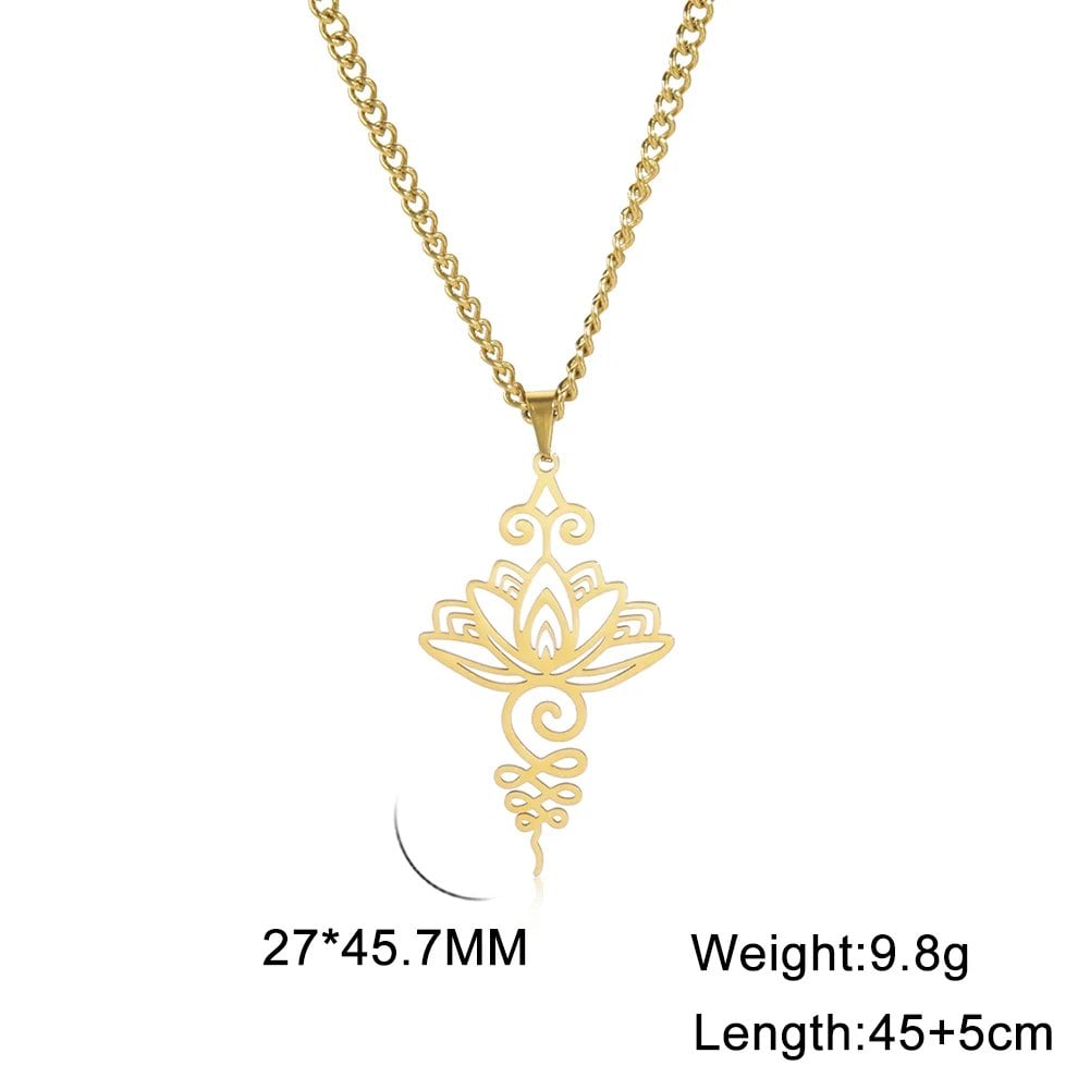 Skyrim Unalome Lotus Flower Pendant Necklace for Women, Yoga, Buddhist, Spiritual Jewelry Gift, Stainless Steel with Gold-Tone Chain, Length: 45-50cm; Metal Color: Black, Parallel Import