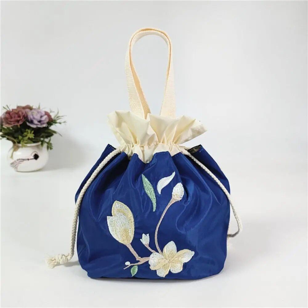 Satin Silk Embroidered Flower Handbag, Ruffle Mommy Bag, Hanfu Drawstring Bag, Korean Style Lunch Bag, Floral Bucket Bag, Outdoor Bag, Parallel Import