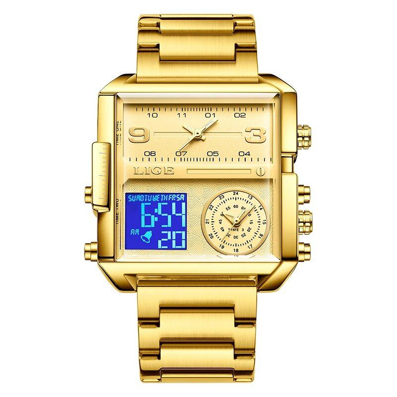 LIGE New Gold Quartz Men's Watch, Luxury Brand Sport Military Watch, Fashion Square Design, Waterproof, Dual Display, Color: Parallel Import