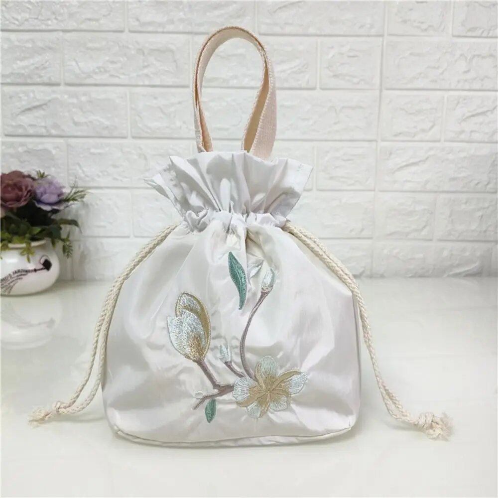 Satin Silk Embroidered Flower Handbag, Ruffle Mommy Bag, Hanfu Drawstring Bag, Korean Style Lunch Bag, Floral Bucket Bag, Outdoor Bag, Parallel Import