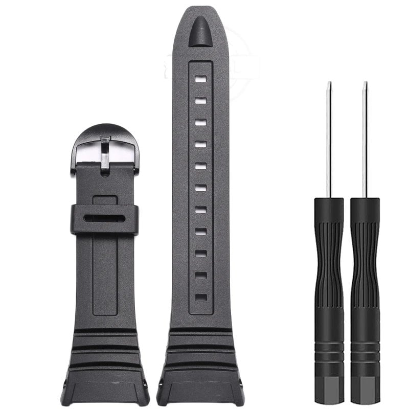Replacement waterproof sports watch band with pin buckle for Casio W96H (W-96H). Black buckle; 28mm width; Ships from: Parallel import.