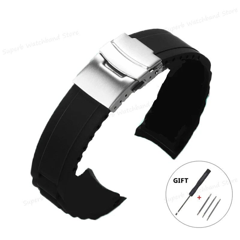 20/22mm Soft Rubber Bent End Silicone Watch Band with Folding Buckle, Waterproof, Men's Wrist Strap, Black Band, Parallel Import
