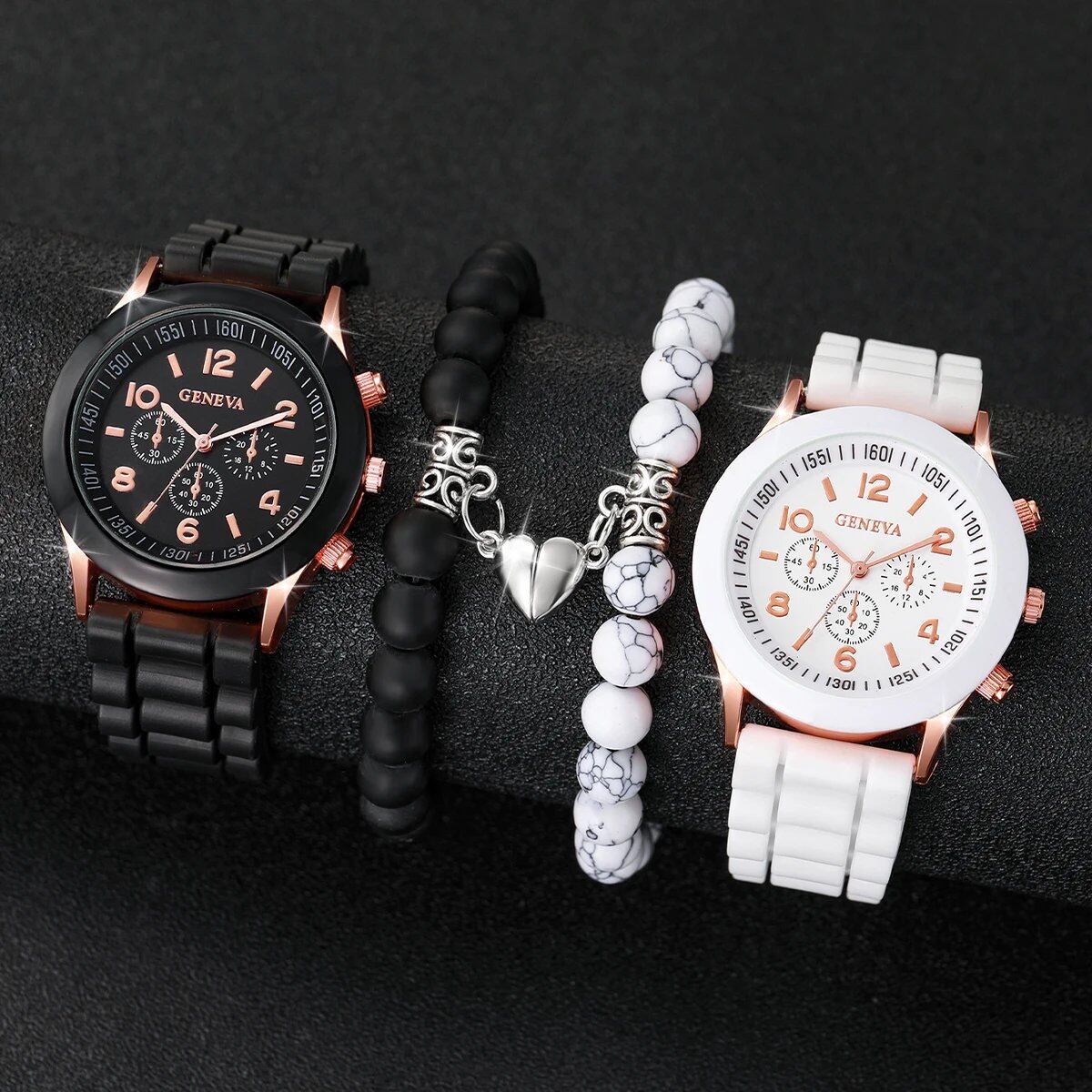 Set of 4 Stylish Couple Watches, Silicone Bend Analog Quartz Watches with Magnetic Heart Bracelets, Color: HH10002, Parallel Import