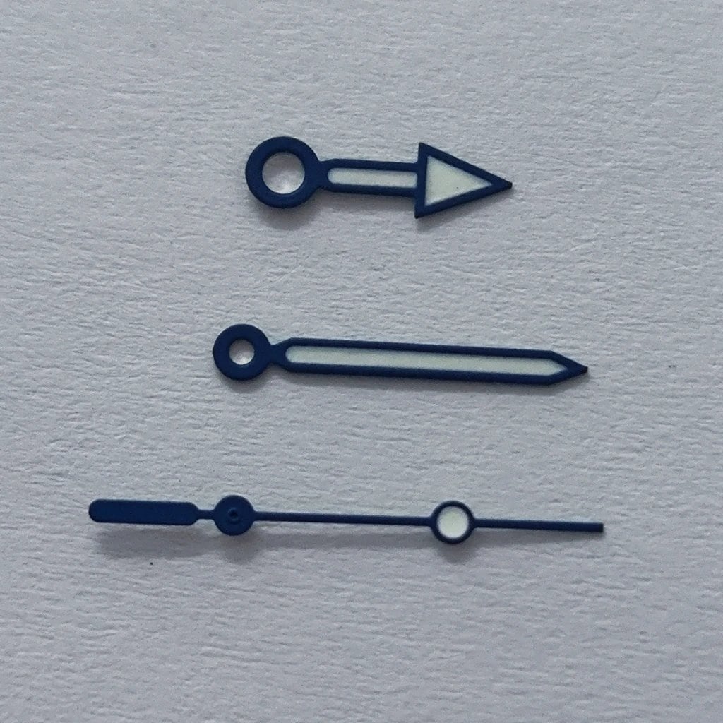 High-quality hand set for NH35, NH36, NH38, NH39, NH70, NH72, 7S26, 7S36, 4R35, and 4R36 watches. Available in silver, gold, black, blue, and red. Luminous dial hands. Parallel import.