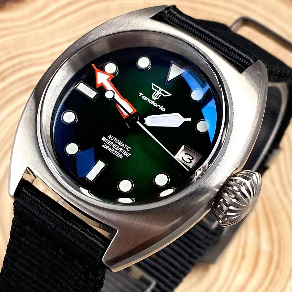 36mm Men's NH35 Military Diver Mechanical Watch with AR Dome Sapphire, Sunburst Pattern, Green/Red/Blue, Big Crown, and Nylon Finish, Parallel Import