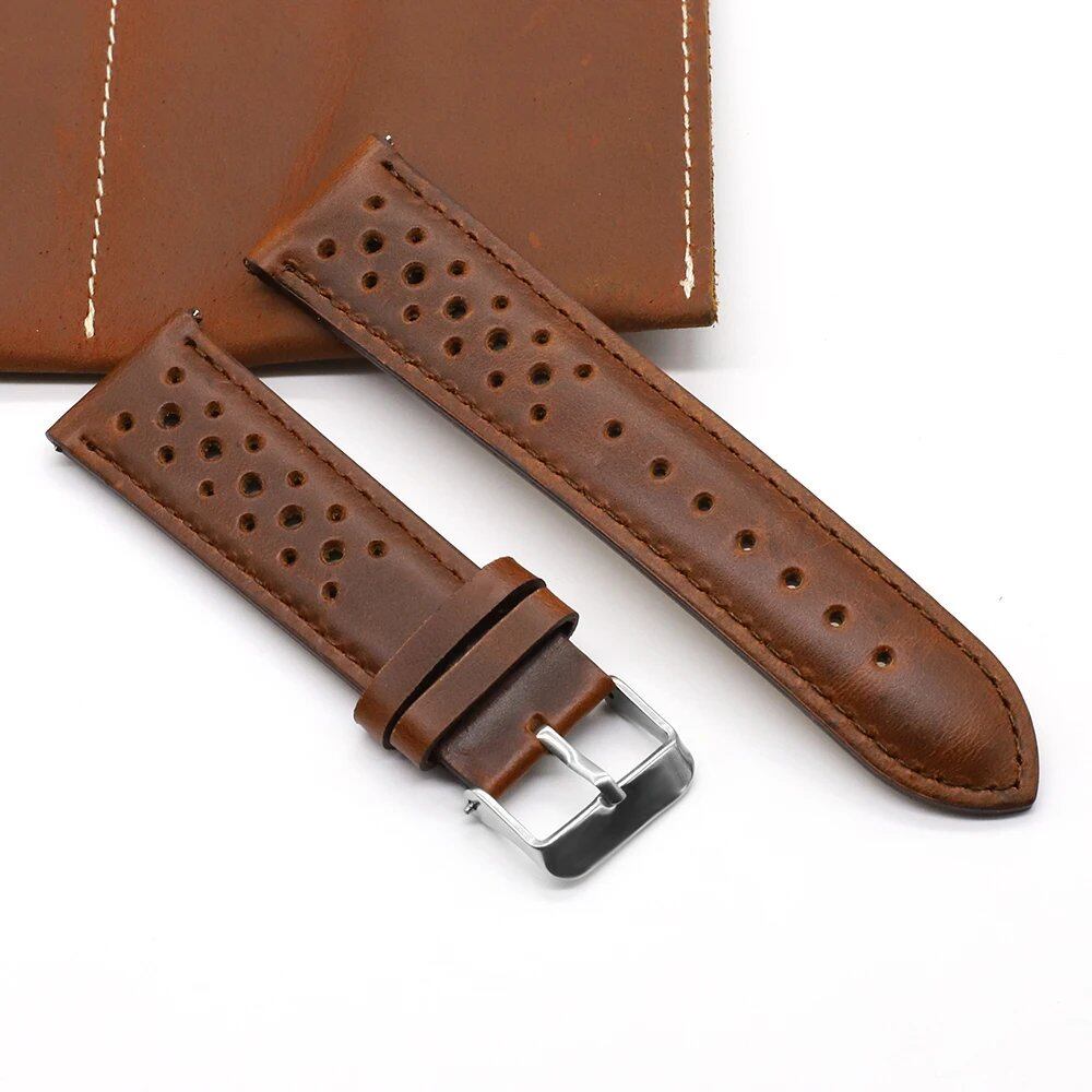 Vintage Handmade Leather Watch Strap, 18mm, 19mm, 20mm, 22mm, 24mm, Racing Gray, Black, Brown, Blue, Ventilated, Band Color: mm, Parallel Import