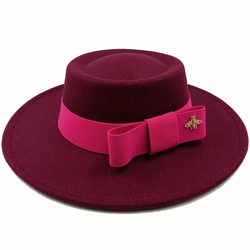 Winter Bowtie Fedora Hat with Textured Surface, Flat Top, and Elastic Band. Red. Men's and Women's Jazz Hat. Sizes: 56-58cm. Ships from: Parallel Import.