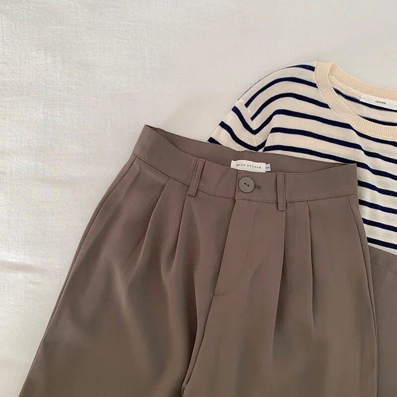 High-waisted women's suit pants, straight fit, loose fit, Korean fashion, casual, button-down, black, new, 2024 size, parallel import.