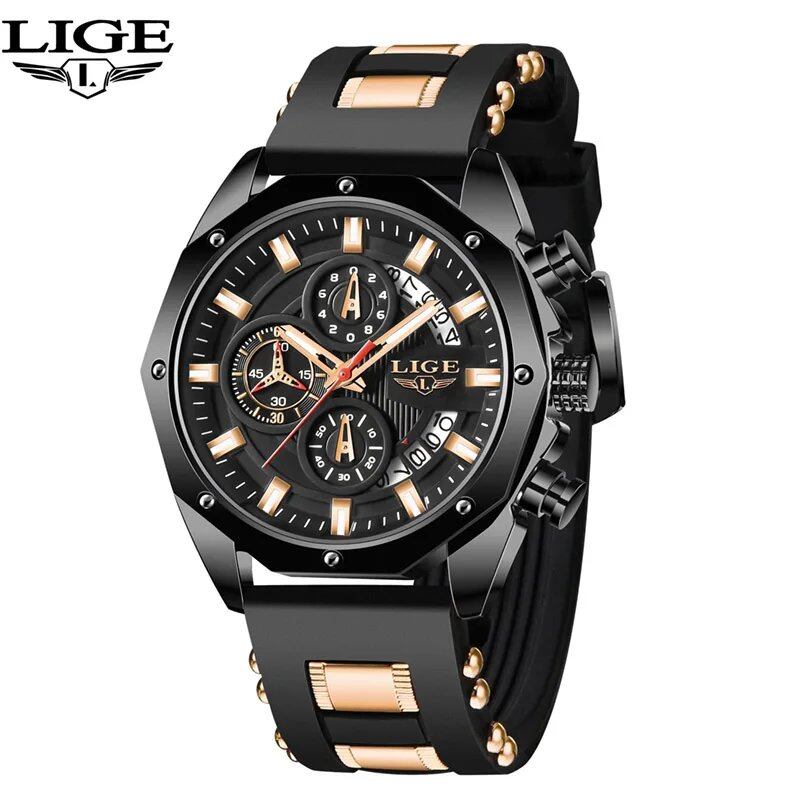 LIGE Fashion Men's Watch, Top Brand Luxury Silicone Sports Watch with Quartz Movement, Date Display, Waterproof Chronograph, Color: Parallel Import