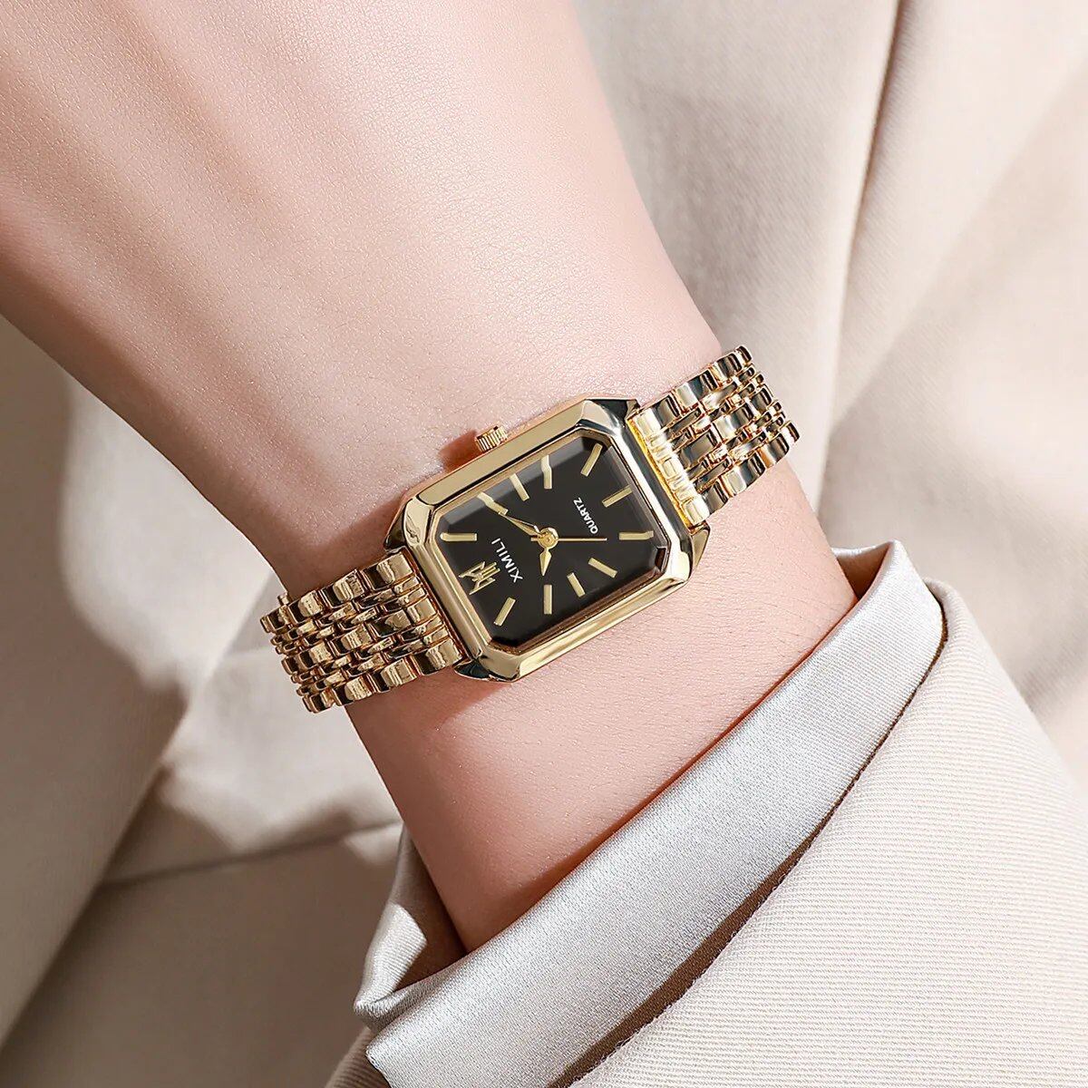 Women's Business Quartz Watch with Simple Square Dial, Luxury Stainless Steel, Gold-Plated, Folding Design, Parallel Import