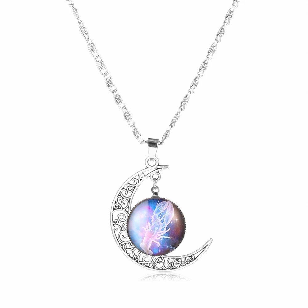 12 Zodiac Signs Glass Dome Crescent Moon Necklace for Women, Stylish Party Jewelry (Compatible with Aries, Taurus, Cancer, Aquarius, and Pisces), Metal Color, Parallel Import