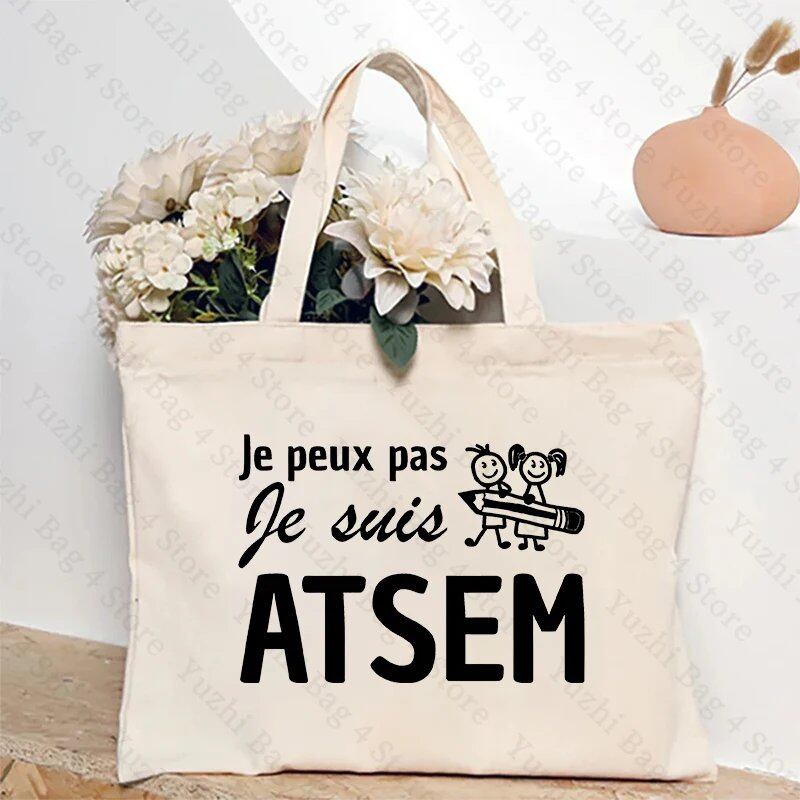 ATSEM フランス語 プレゼント トートバッグ - 教育アシスタント・保育プロフェッショナル向け コンパクトショッピングバッグ 女性用ショルダーバッグ カラー 並行輸入品