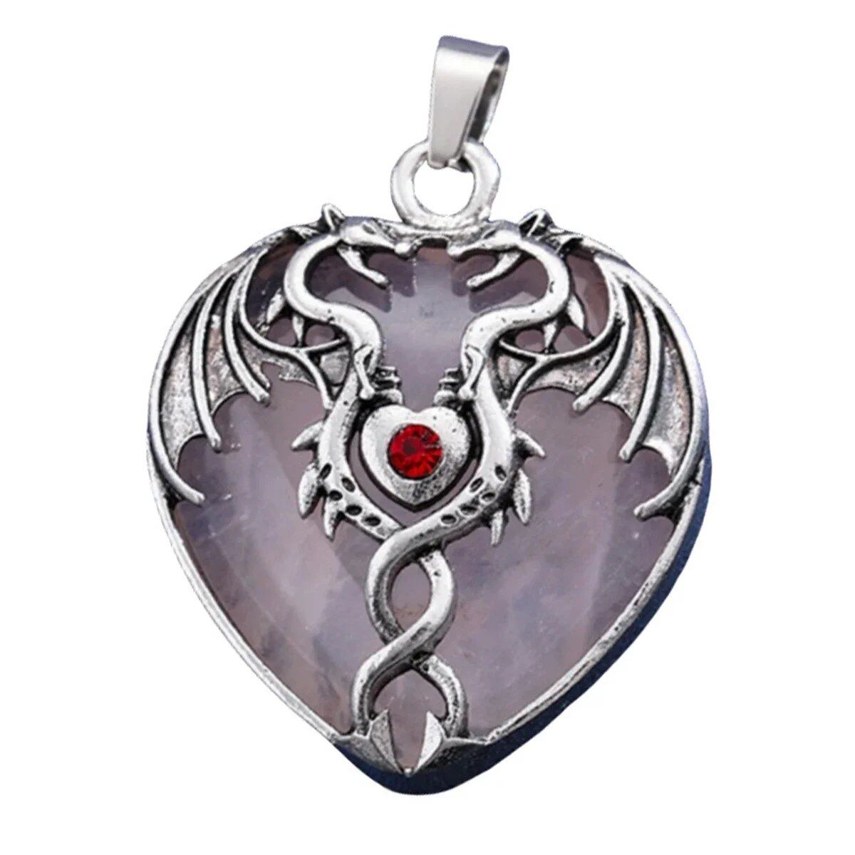 Natural Power Stone Heart-Shaped Antique Silver Alloy Double Dragon Pendant Top for DIY Jewelry Making, Healing, Chakra, and Spiritual Use, 32x42mm, Metal Color: Parallel Import