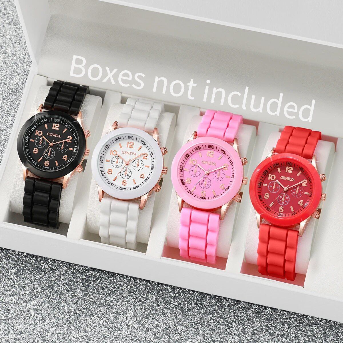 Set of 4 Women's Silicone Watches and Quartz Watches in White, Pink, Red, and Black. Color: Multicolor. Parallel Import.