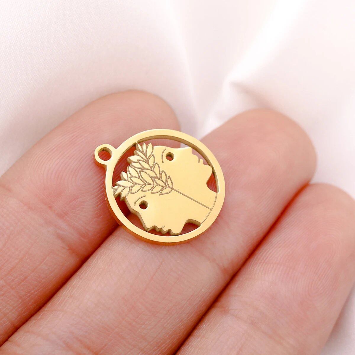 Set of 5 Round Hollow Zodiac Sign Pendants, Stainless Steel, 12 Constellation Charms, DIY Necklace, Bracelet, Jewelry Making, Metal Color: Parallel Import
