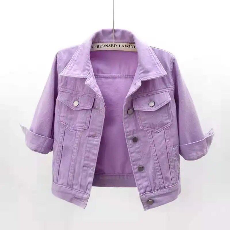 Women's Denim Jacket, Spring/Autumn Short Coat, Pink Jeans Jacket, Casual Top, Purple, Yellow, Blue, Loose Top, Women's Outerwear, Size: Parallel Import