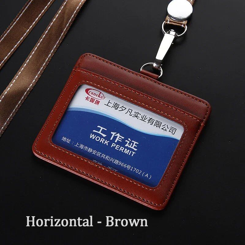 NEW IDホルダー バンクカードケース ユニセックス 本革 ビジネス用 名札カバー レザーカードホルダー 首掛けストラップ付き 並行輸入品