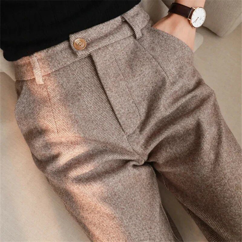 Women's Wool Harem Pencil Pants, Fall/Winter 2024, High-Waisted, Casual Suit Pants, Wide-Leg Pants for Office Ladies, Size: Parallel Import