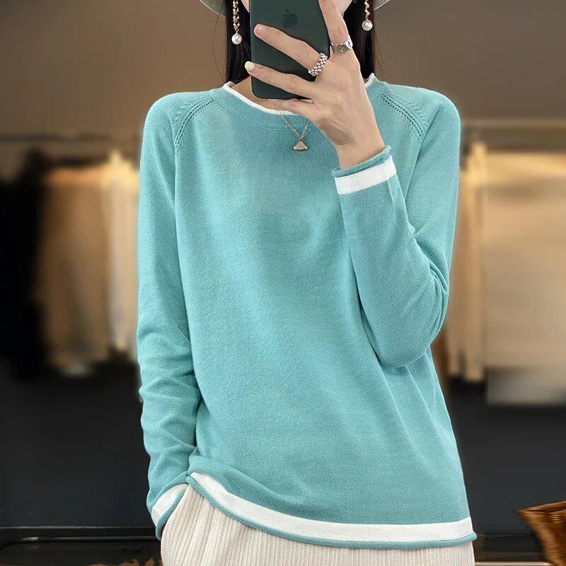 100%コットン レディース ニットウェア 春夏新作 ゆったりラウンドネックセーター カラーデザイン コットンリネン ボトムスシャツ サイズ:;発送元: 並行輸入品