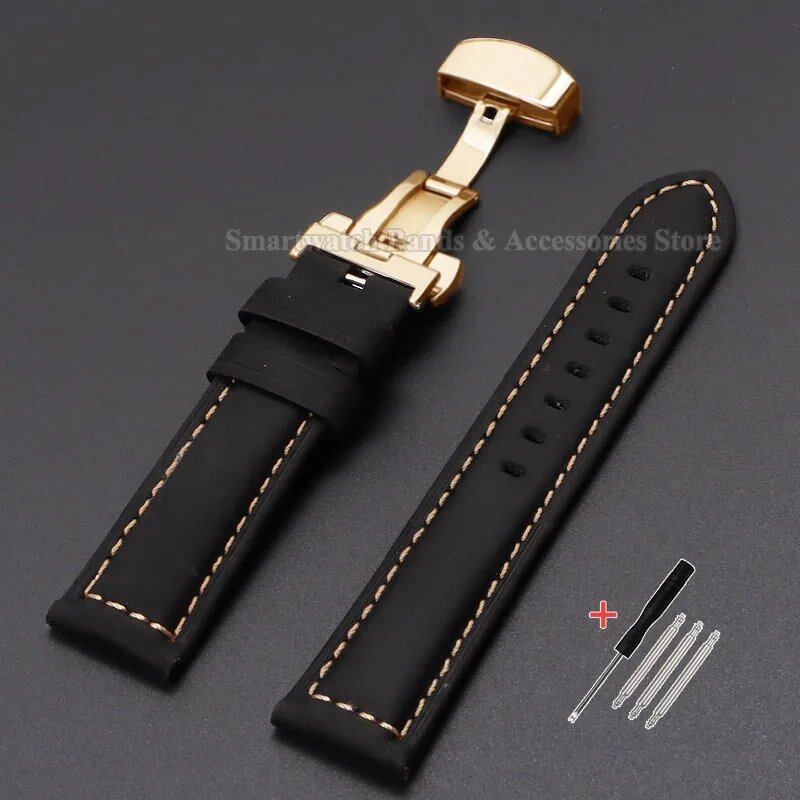 Vintage-style calf leather strap for Panerai and Seiko watches in sizes 20mm, 22mm, 24mm, and 26mm. Features a metal butterfly clasp. Band color: mm. Parallel import.