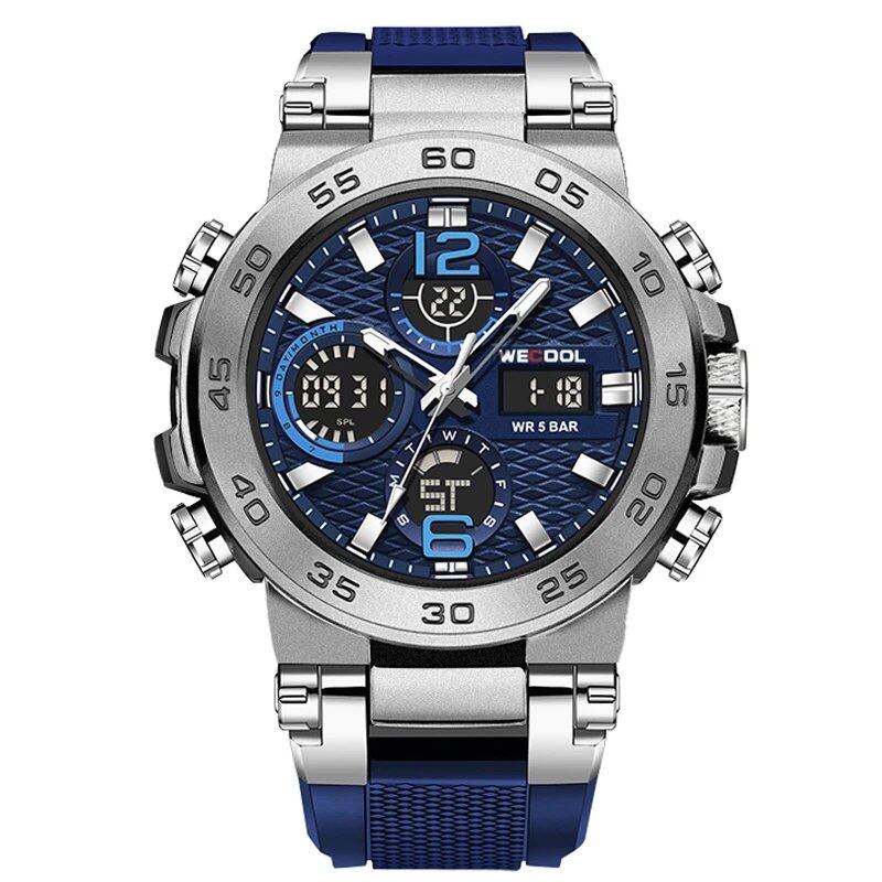 WECOOL Dual Display Digital Watch W-822, 50M Water Resistant, Alarm Clock, Luminous, Men's Watch, Color: Dark Blue; Imported