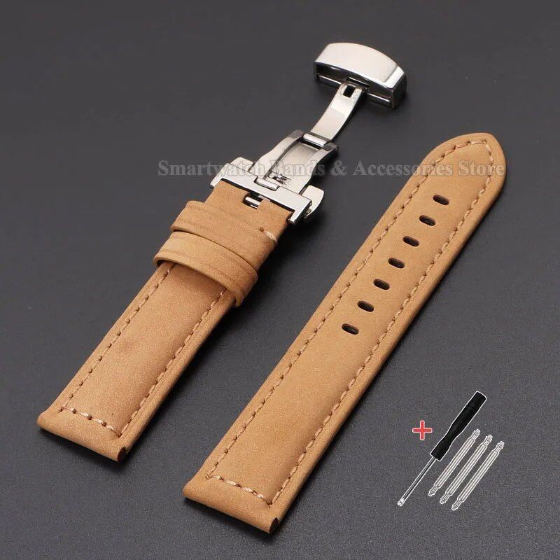 Vintage-style calf leather strap for Panerai and Seiko watches in sizes 20mm, 22mm, 24mm, and 26mm. Features a metal butterfly clasp. Band color: mm. Parallel import.