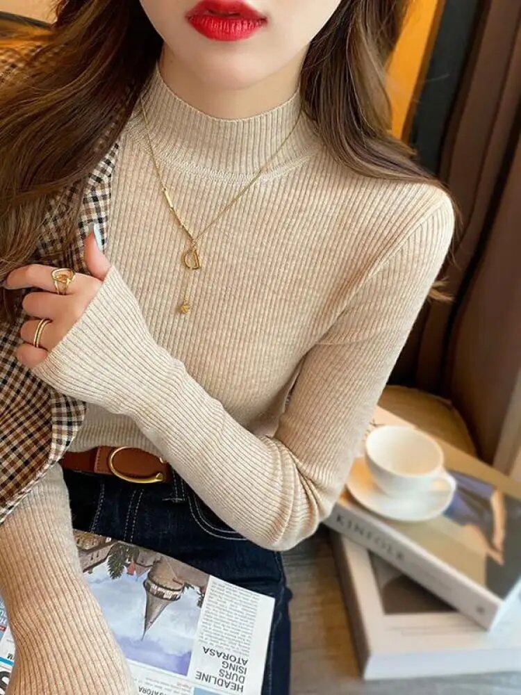 Women's Autumn/Winter Mock Neck Sweater, Vintage Basic Solid Knit Korean Style Top, Casual Slim Pullover Sweater, Simple Chic Jumper, Size: One Size Fits Most; Imported