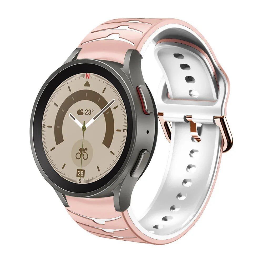 Compatible with Samsung Galaxy Watch 5 Pro (45mm), 6/5/4 (40mm), and 44mm. Two-tone silicone strap with no-grip. Compatible with Galaxy Watch 6/4 Classic (47mm), 43mm. Band Color: Compatible with Galaxy Watch 4, 5, 6, and 7. Parallel import.