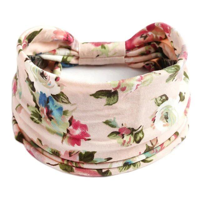 New Boho Floral Print Wide Headband with Vintage Knot Elastic Turban Headwrap for Women and Girls, Cotton Soft Bandana Hair Accessory, Parallel Import