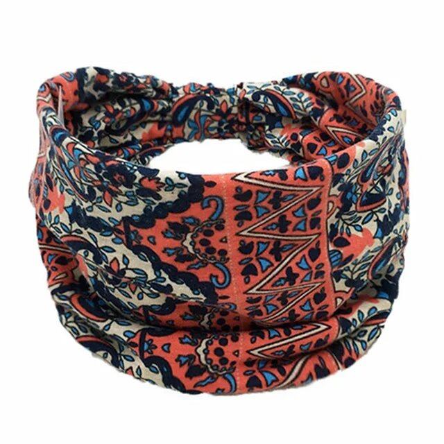 New Boho Floral Print Wide Headband with Vintage Knot Elastic Turban Headwrap for Women and Girls, Cotton Soft Bandana Hair Accessory, Parallel Import
