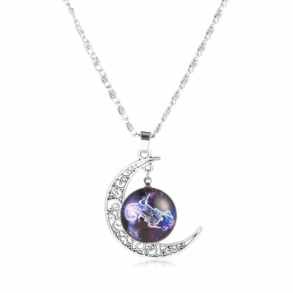 12 Zodiac Signs Glass Dome Crescent Moon Necklace for Women, Stylish Party Jewelry (Compatible with Aries, Taurus, Cancer, Aquarius, and Pisces), Metal Color, Parallel Import