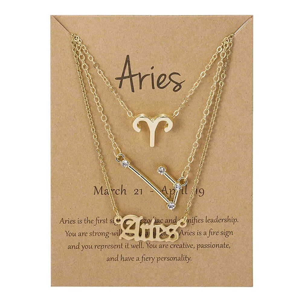 Set of 3 Women's 12 Zodiac Sign Necklaces with Pendant Chains, Chokers, Birthday Jewelry, Cardboard Cards, 45cm Long; Metal Color: 6252, Parallel Import