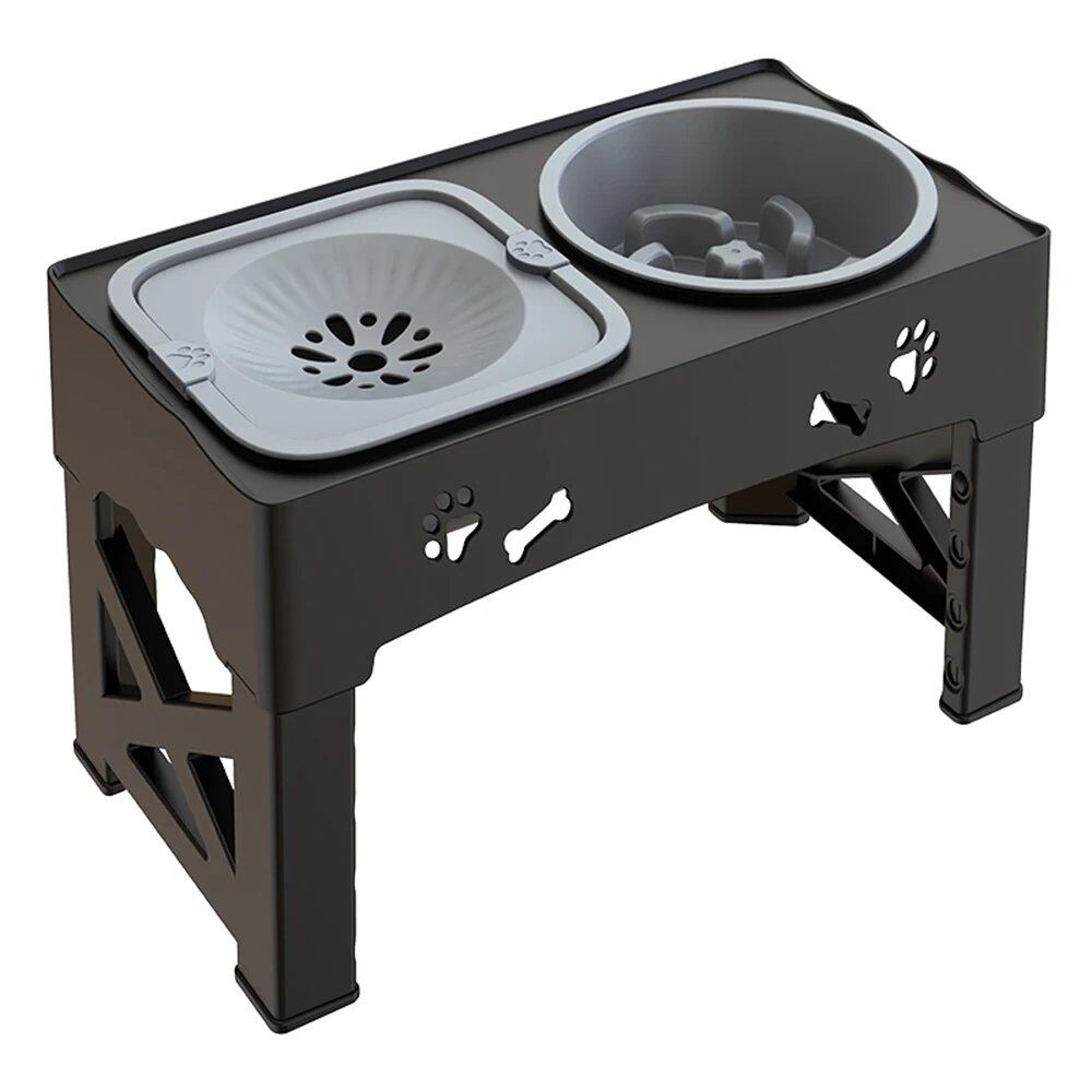 3-in-1 Pet Feeder with Slow Feed Bowl, 5 Height Adjustable Levels, Foldable, Double Bowl for Pets of Different Heights, Color: Black Gray, Parallel Import
