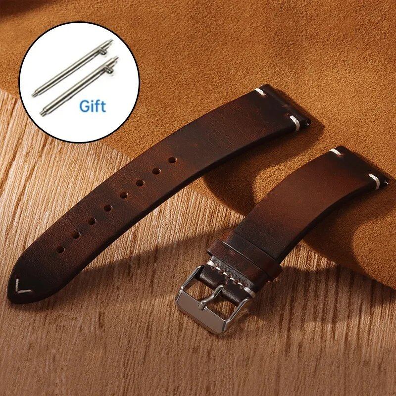 Men's and Women's Business Cowhide Leather Watch Band, Vintage Oil Wax Strap, Universal Quick Release Wristband, Handmade Retro Oil Bracelet, Band Color: mm; Ships from: Parallel Import