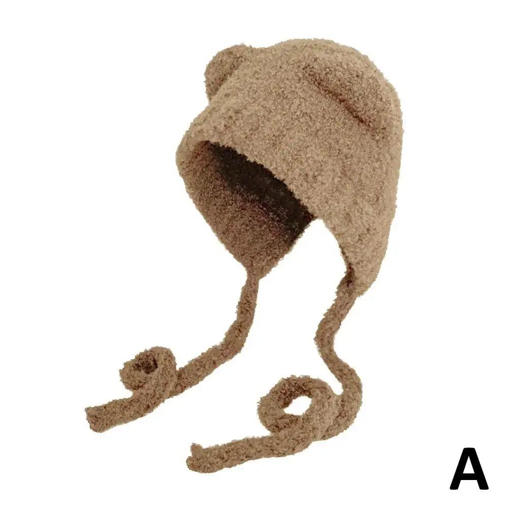 Winter Plush Beanie, Cute Bear Ear Wool Hat with Warm Lace-Up Ears, Korean Style Knitted Hat for Women, Bonnet Cap; Ships from: Parallel Import