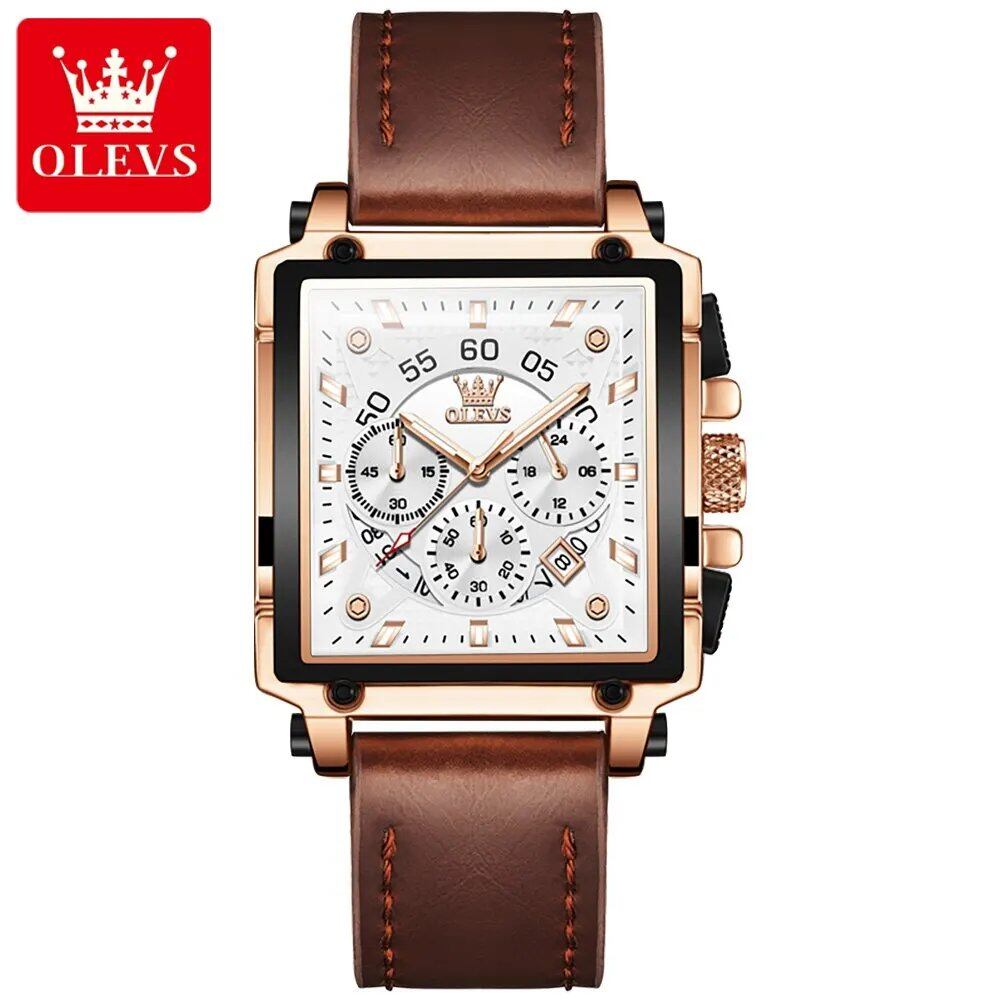 OLEVS Top Brand Men's Square Quartz Watch with Waterproof Leather Strap, Sports Clock for Men; Customization Unavailable, Parallel Import