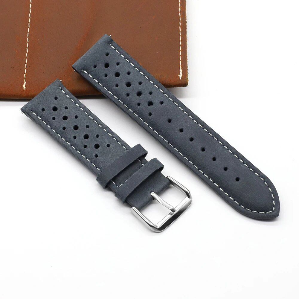 Vintage Handmade Leather Watch Strap, 18mm, 19mm, 20mm, 22mm, 24mm, Racing Gray, Black, Brown, Blue, Ventilated, Band Color: mm, Parallel Import