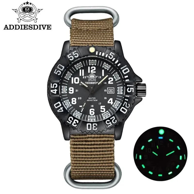 ADDIESDIVE Fashion Men's Analog Watch, 50m Water Resistant, Luminous Tube, Nylon, Sports, Military Quartz Wristwatch, Color: Black, Customization Unavailable, Parallel Import